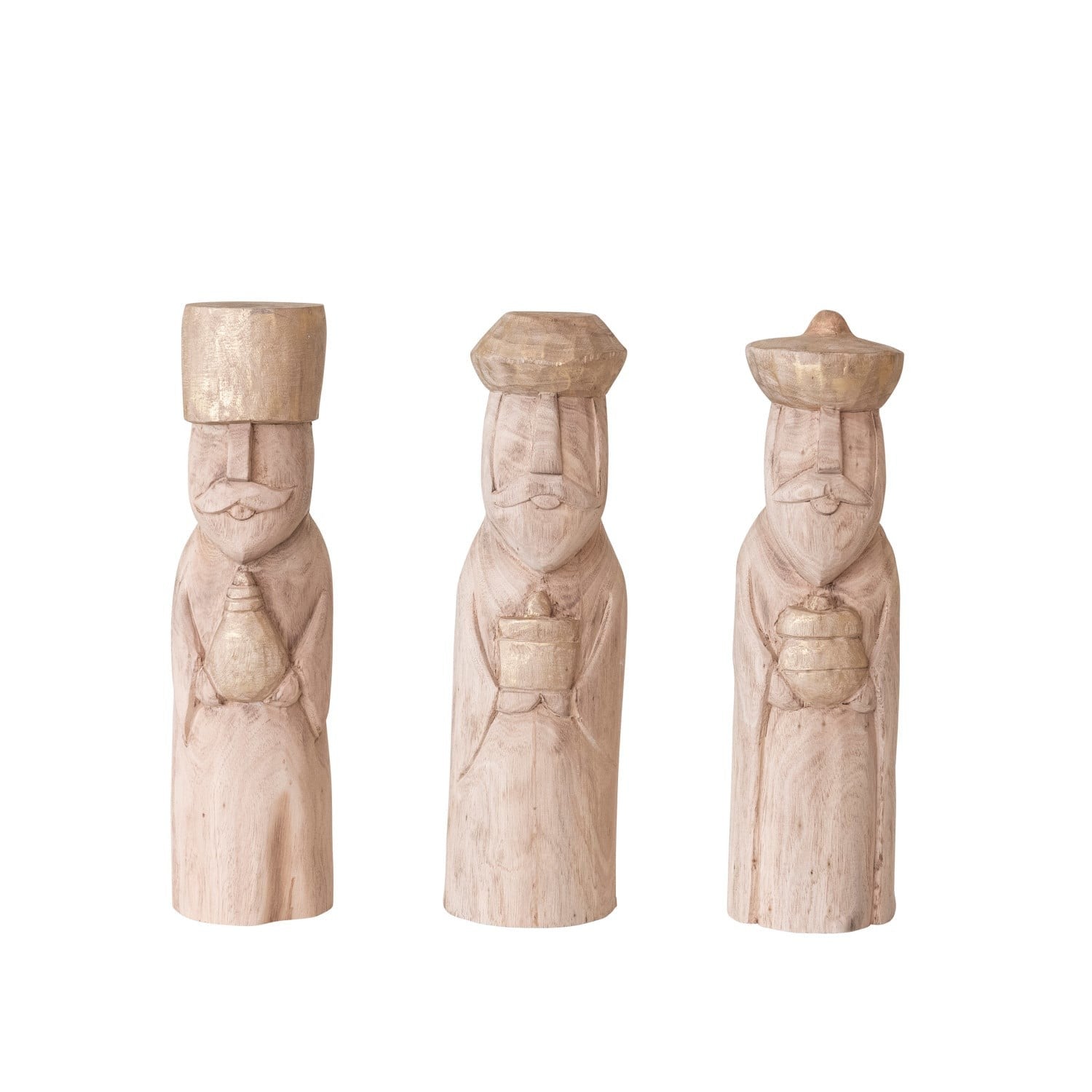 Set of three hand-carved mango wood wiseman figurines with natural finish, varying heights