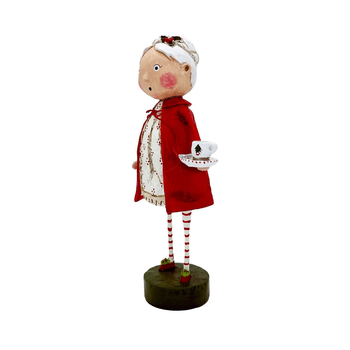 Lori Mitchell Mrs. Claus figurine in red coat holding Christmas teacup on round base