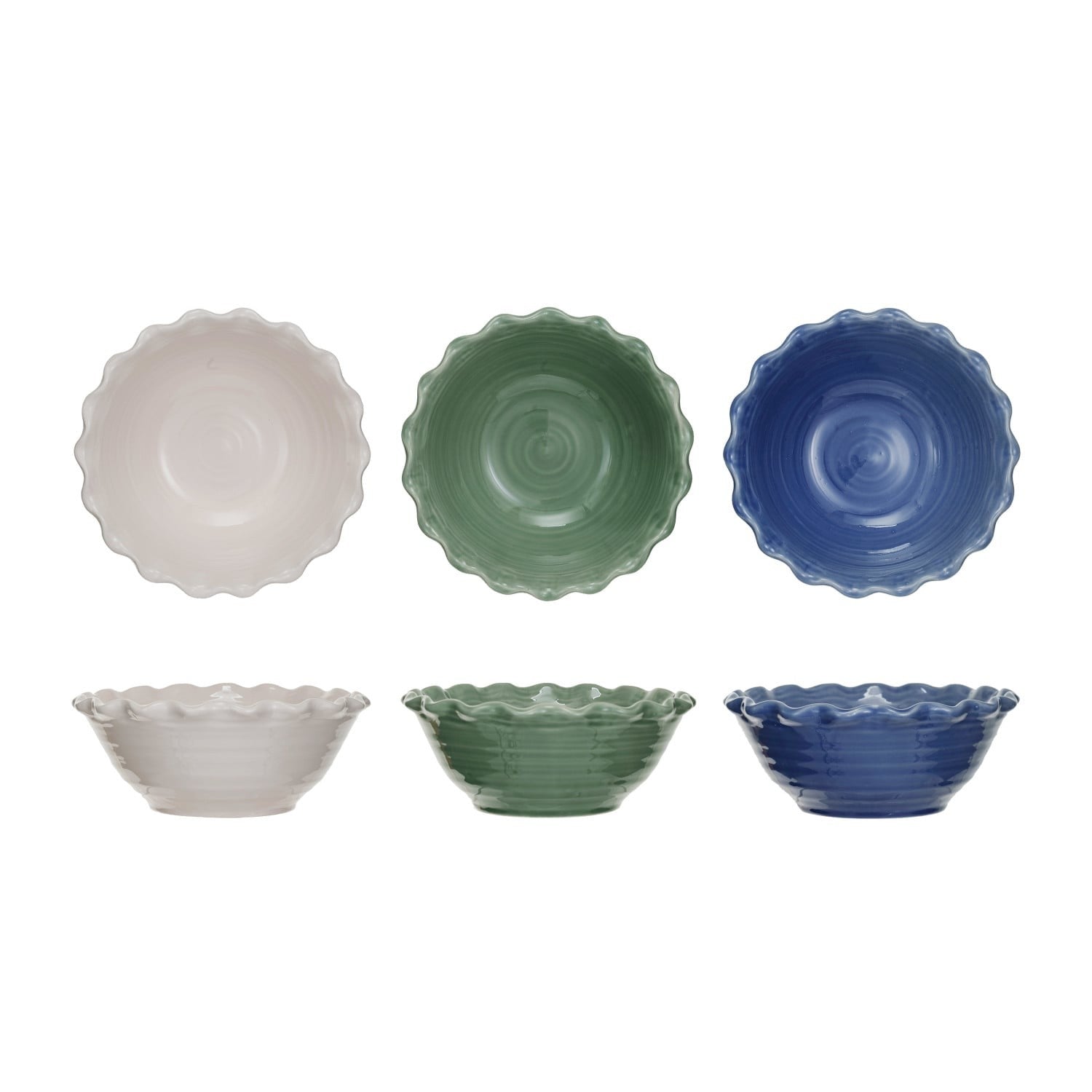 Stoneware scalloped pleated bowls in three colors: white, green, and navy blue, shown from top and side views