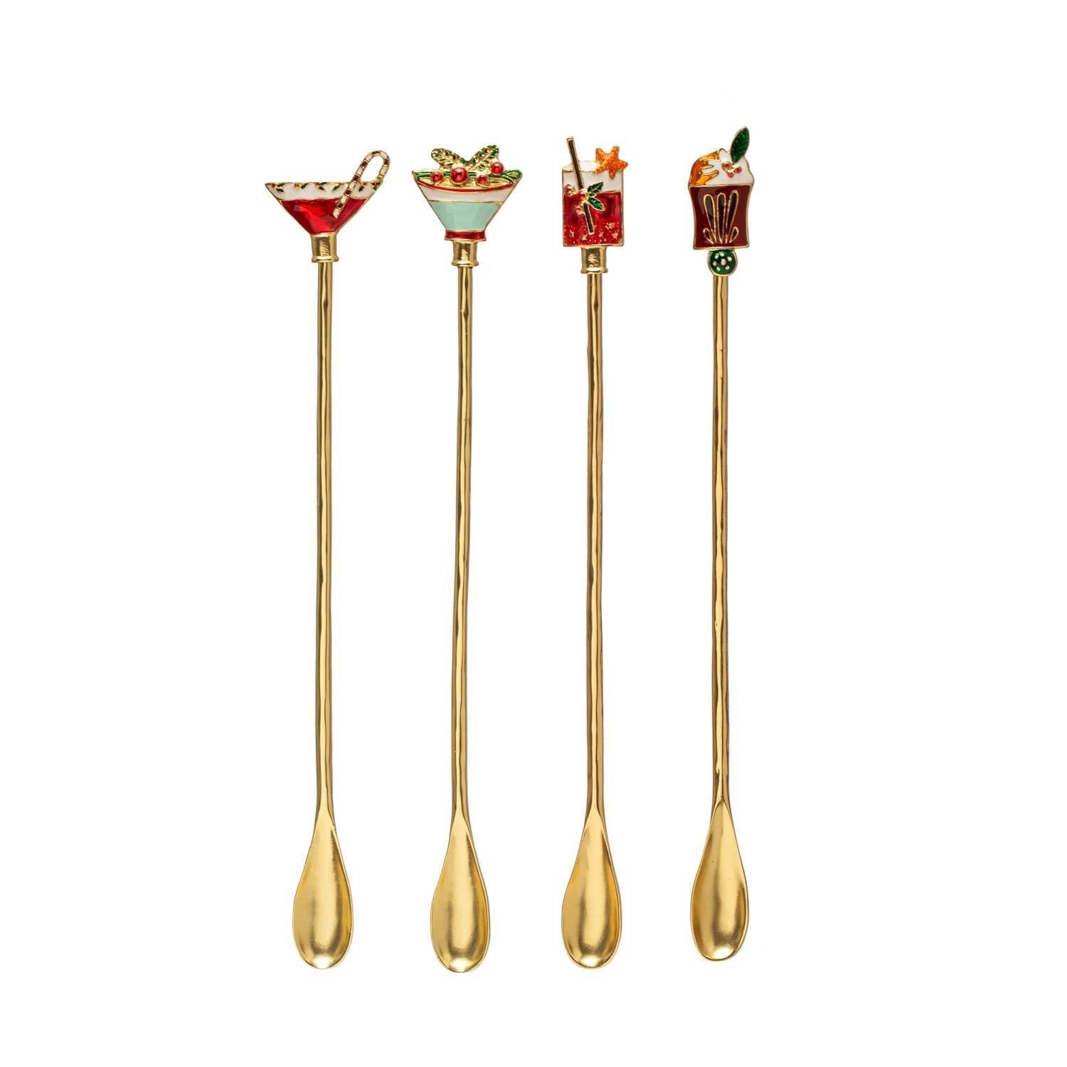 Set of four gold cocktail spoons with colorful holiday-themed enamel cocktail drink toppers