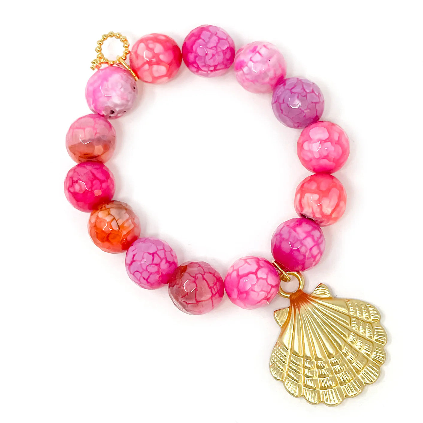 14mm Faceted Flamingo Pink Agate Bracelet w/Matte Gold Shell