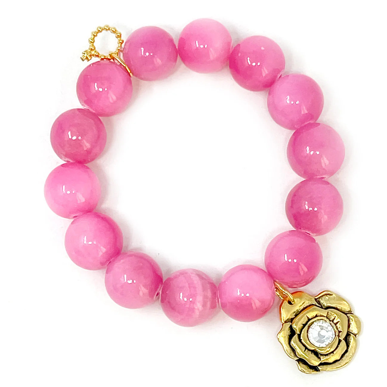 14mm Pink Lady Agate Bracelet w/Gold Crystal Rose
