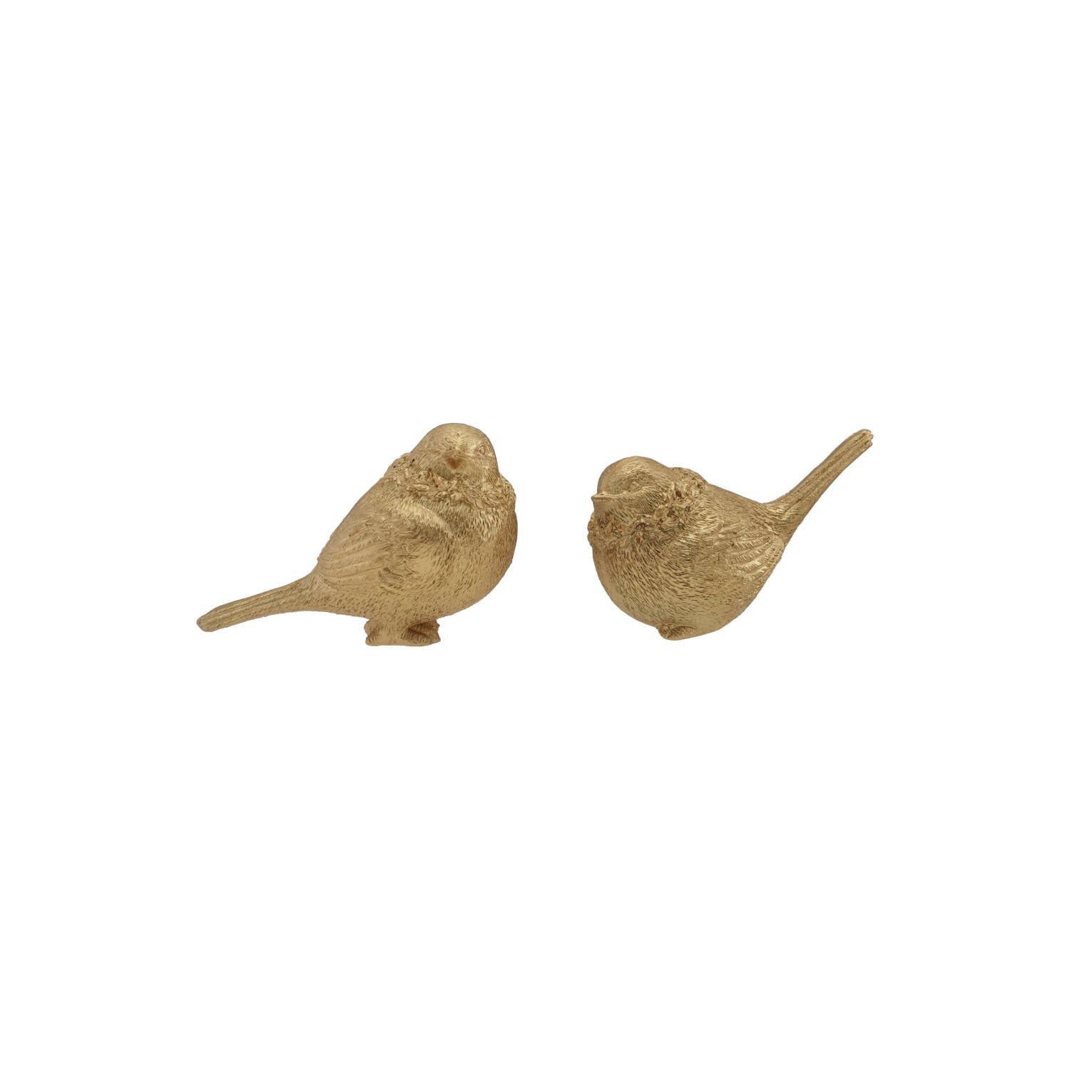 Two gold finish resin bird figurines in different poses on white background