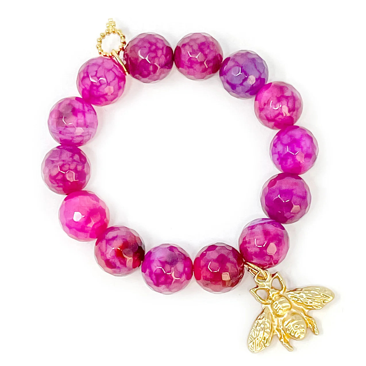 14mm Faceted Azalea Agate Bracelet w/Matte Gold Shiny Bee