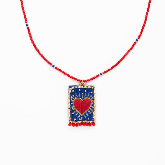 Robin Beaded Necklace w/ Embroidered Heart Red