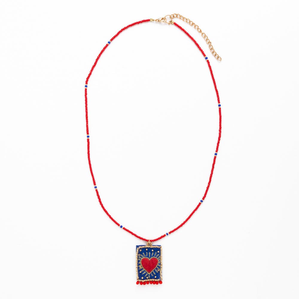Robin Beaded Necklace w/ Embroidered Heart Red