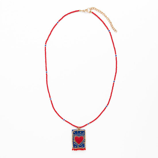 Robin Beaded Necklace w/ Embroidered Heart Red