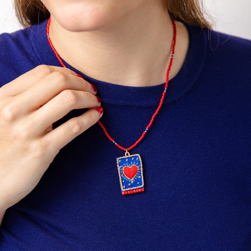 Robin Beaded Necklace w/ Embroidered Heart Red