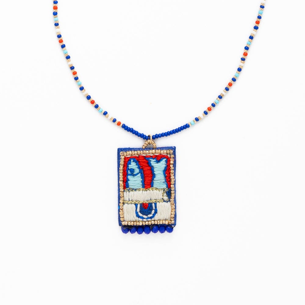 Robin Beaded Necklace w/ Embroidered Sardine Blue