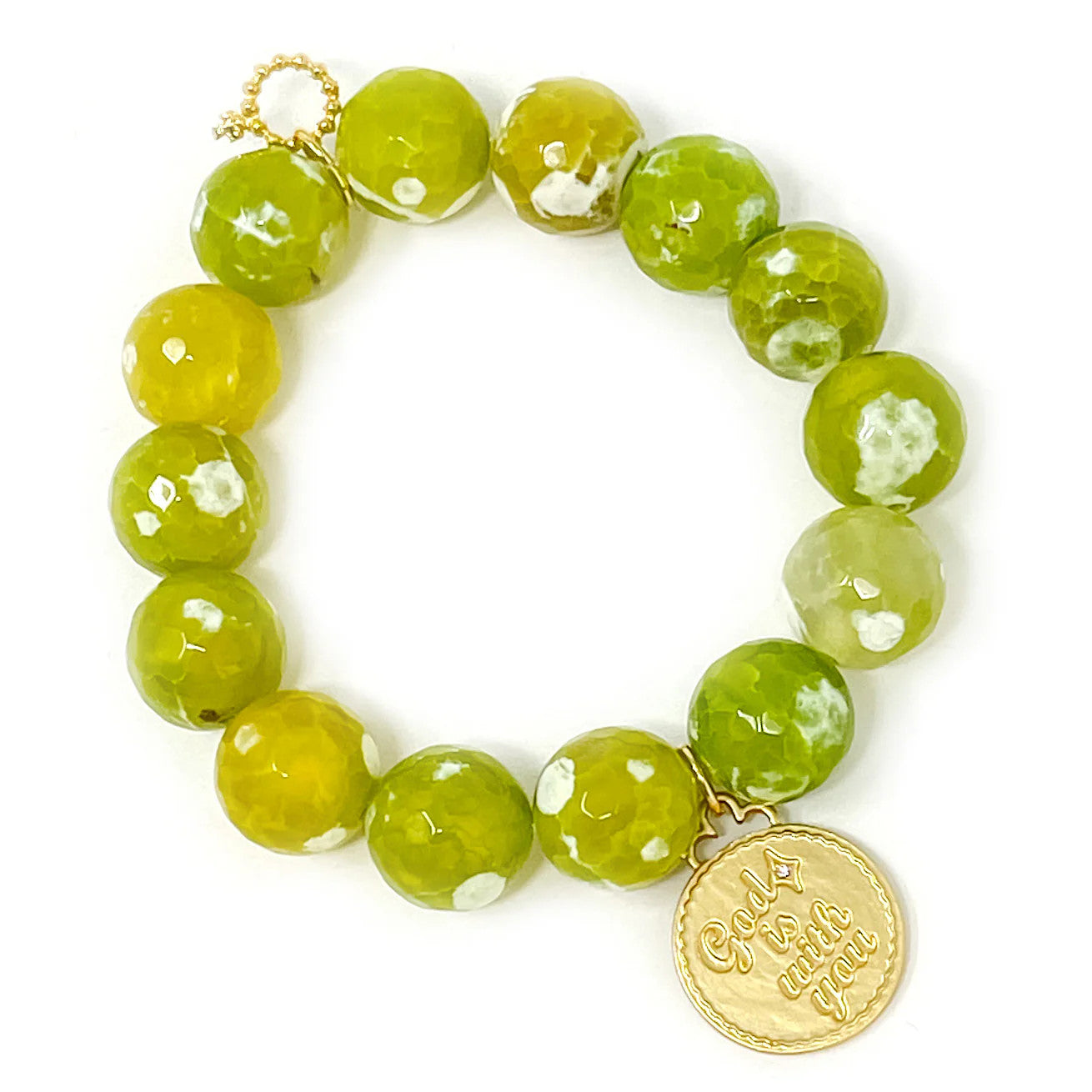 14mm Faceted Lemon Lime Agate Bracelet w/Matte Gold God is With You