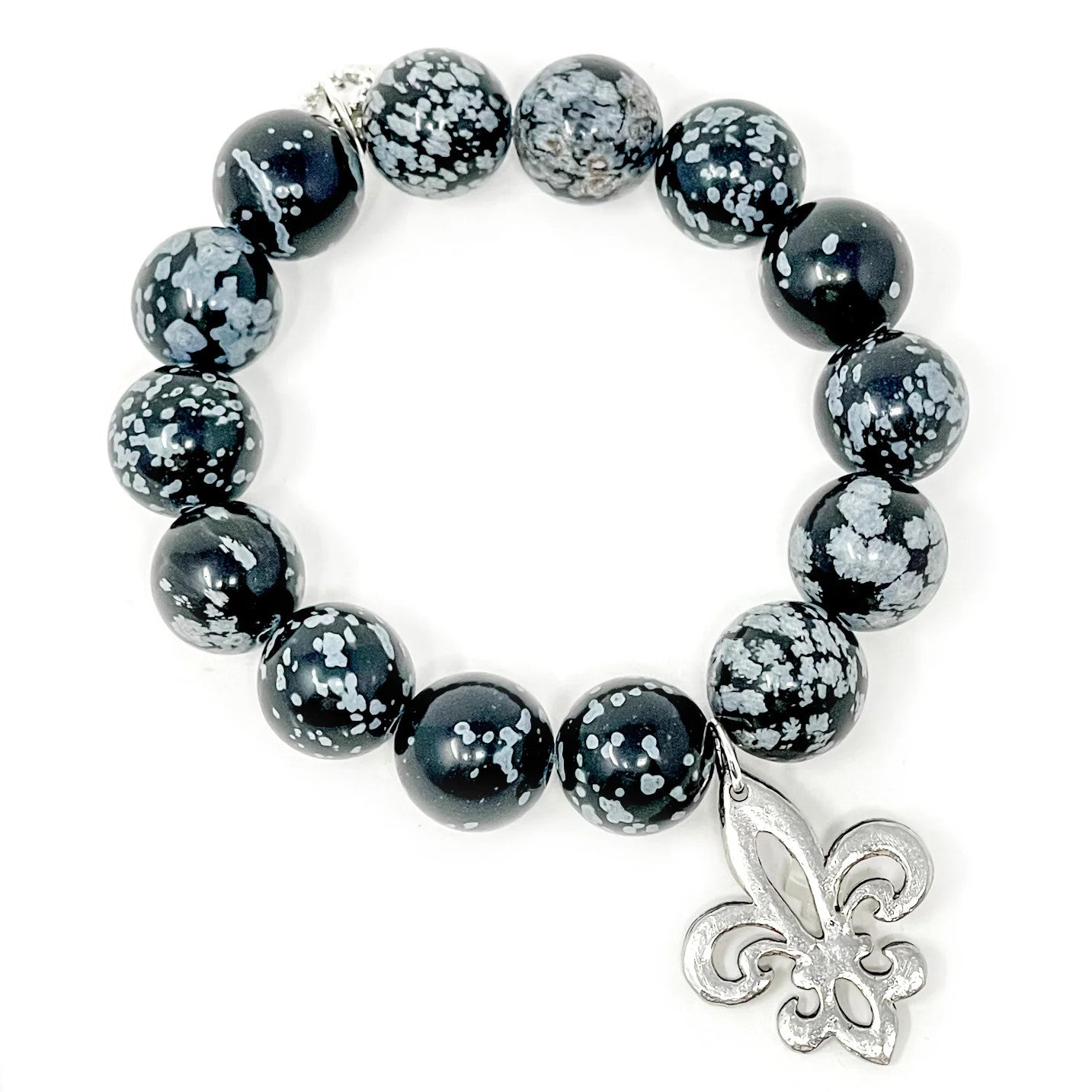14mm Black Speckle Jasper Bracelet w/Silver Hammered Fleur de lis