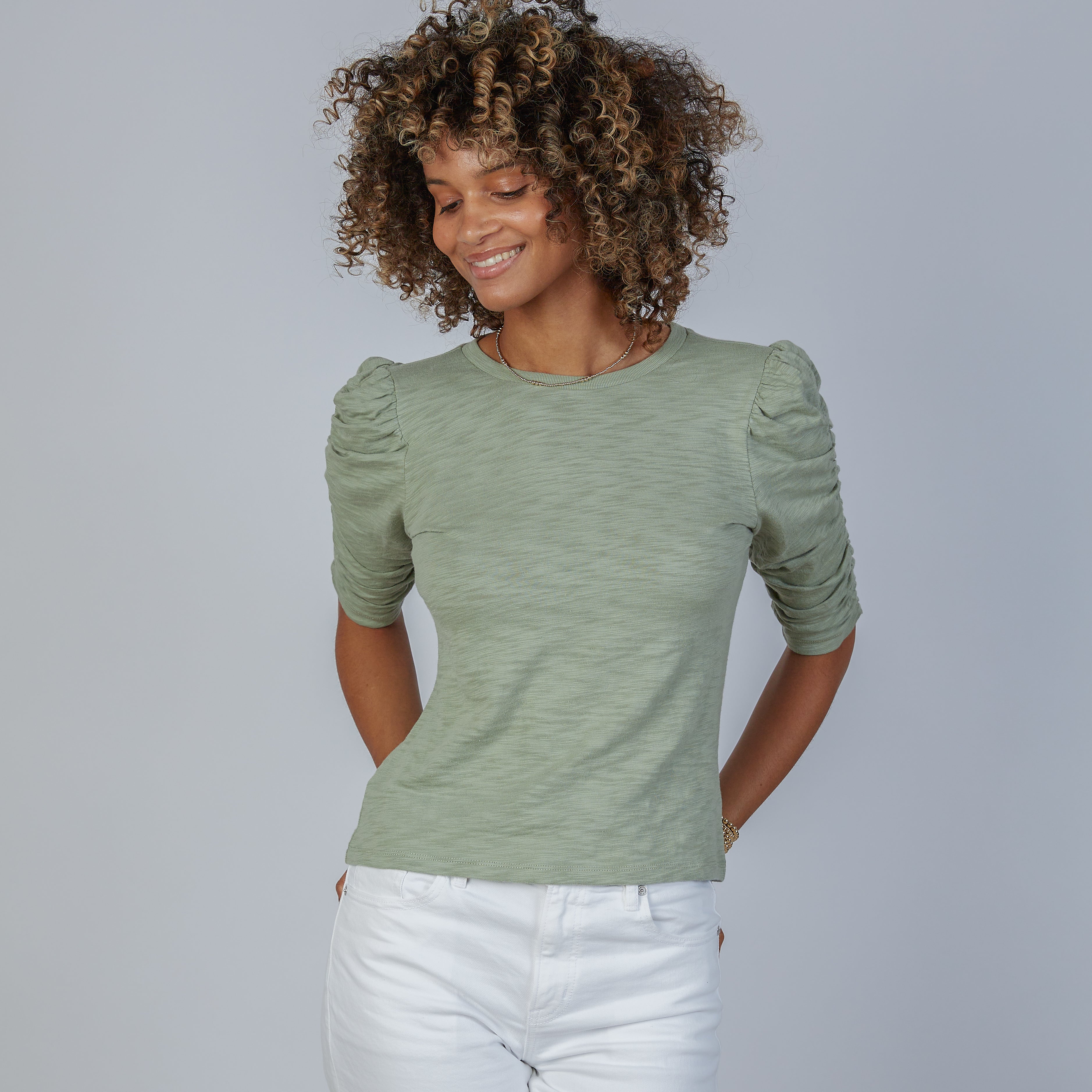 Sophie Ruched Elbow-Length Tee - Sage - Small