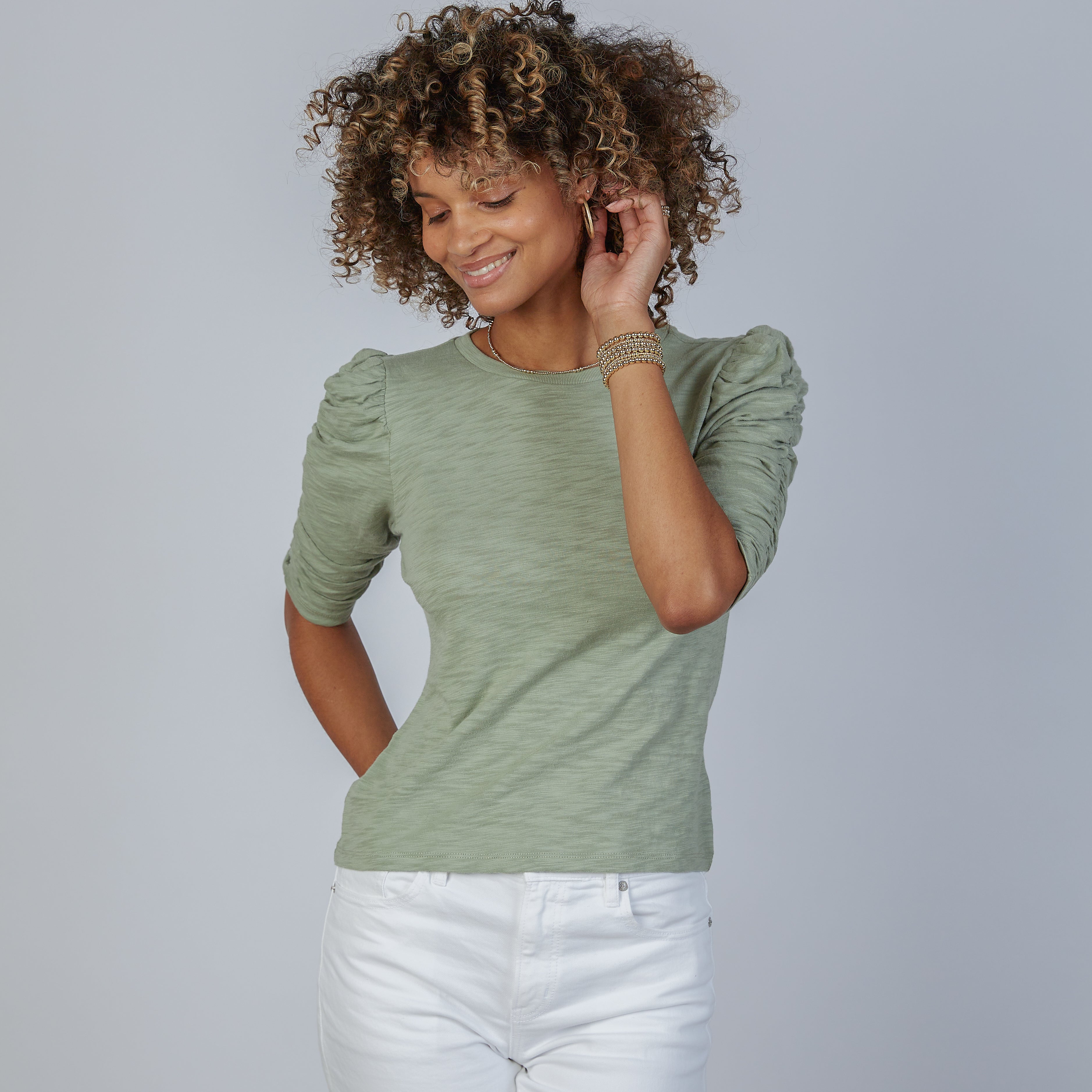 Sophie Ruched Elbow-Length Tee - Sage - Small