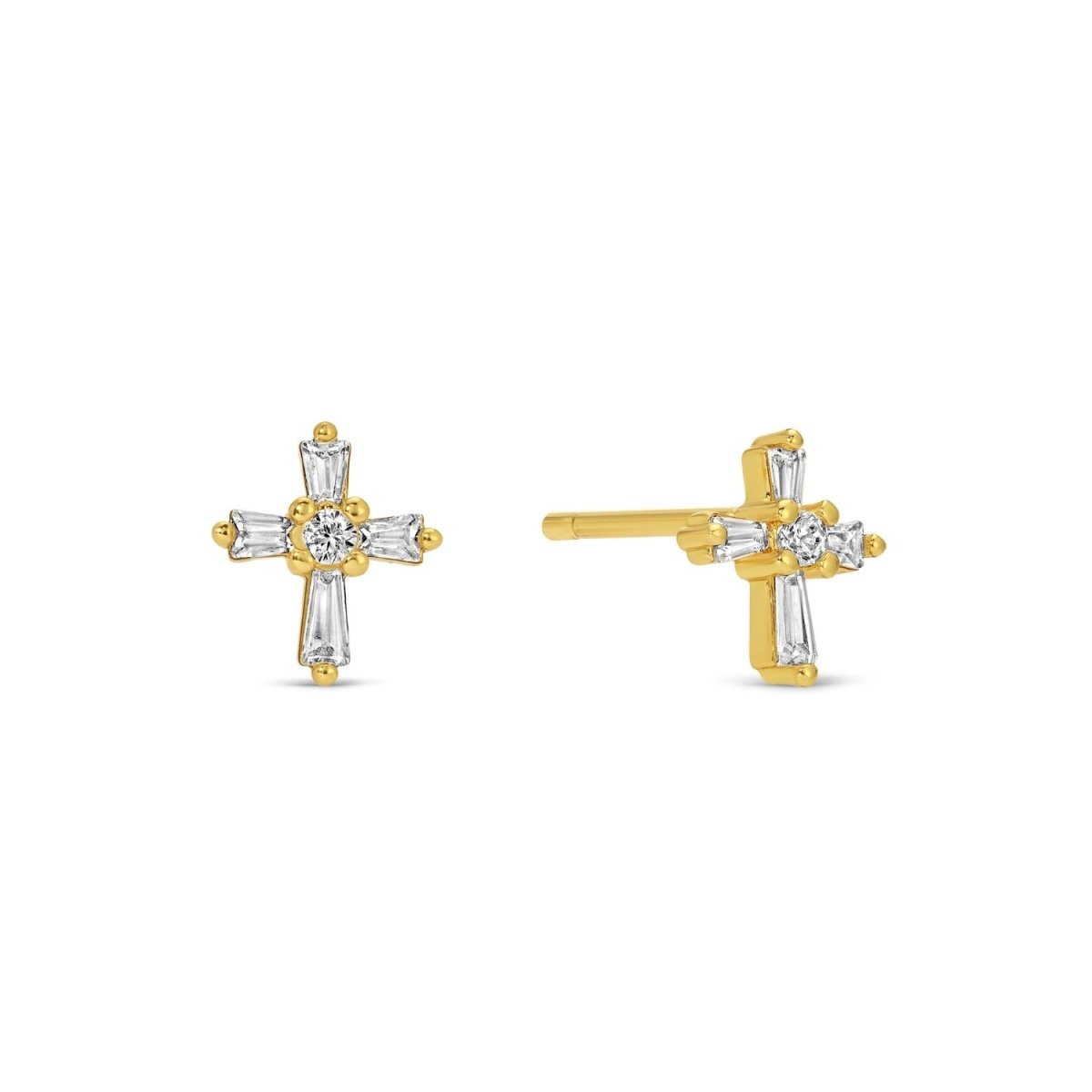 Earrings - Single Stud - Baguette CZ Cross - Gold