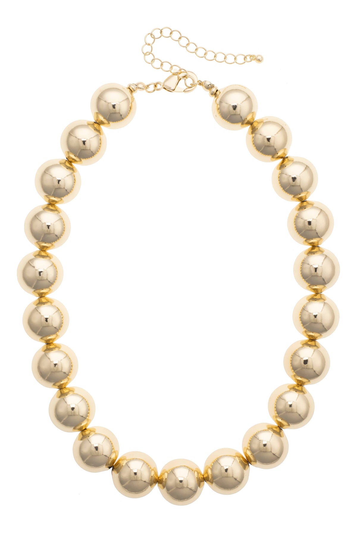 Marjorie large shiny gold ball beaded necklace with lobster clasp and extender chain