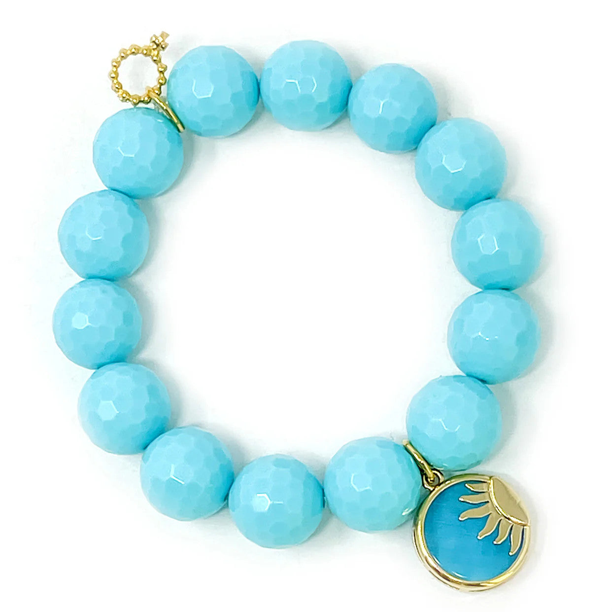 14mm Faceted Aloha Agate Bracelet w/Bright Blue Sun Disc