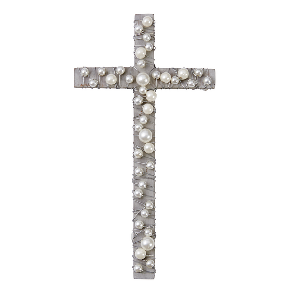 GRAY WOOD CROSS WITH PEARLS