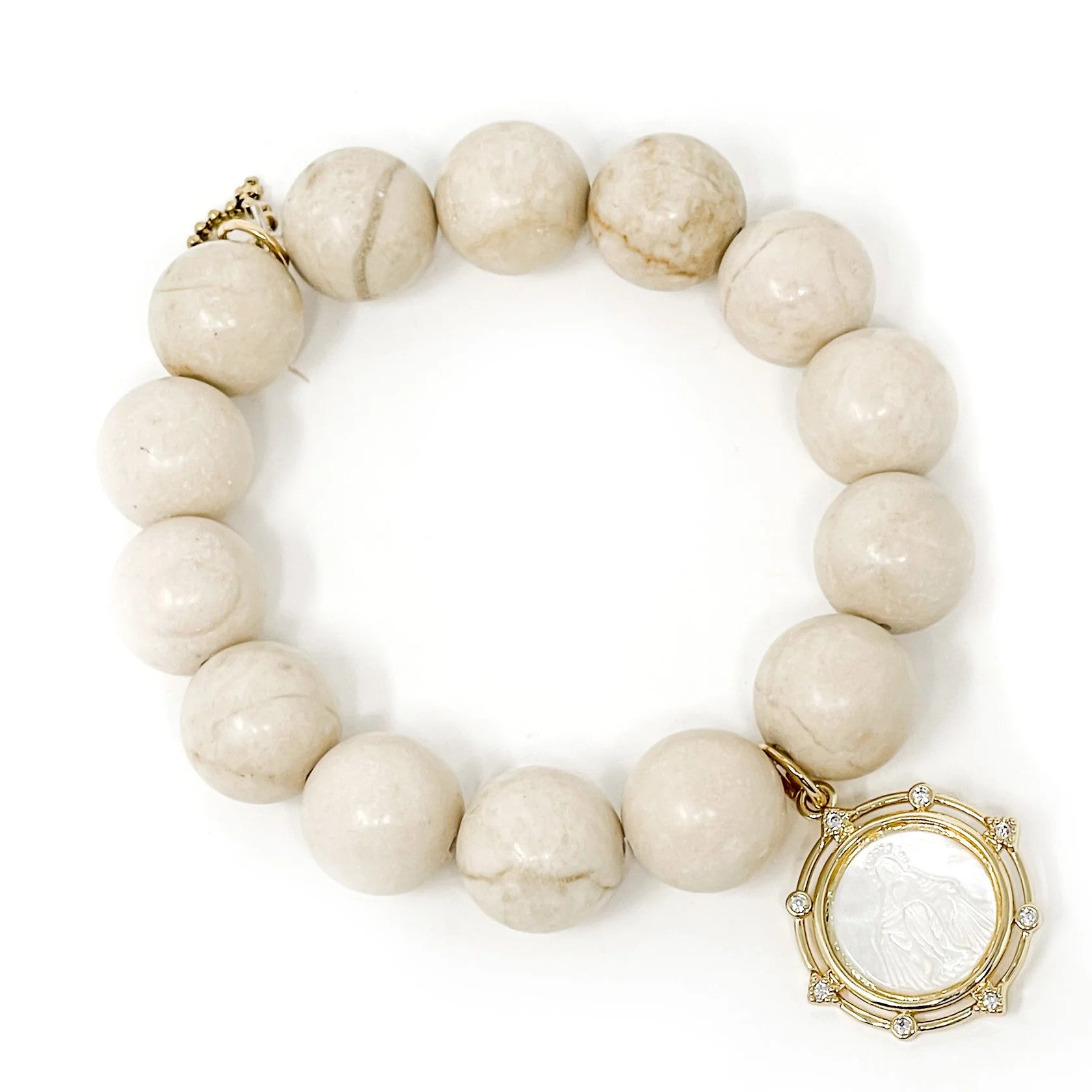 14mm Cream Coral Bracelet w/Mother of Pearl Blessed Mother sparkle surround