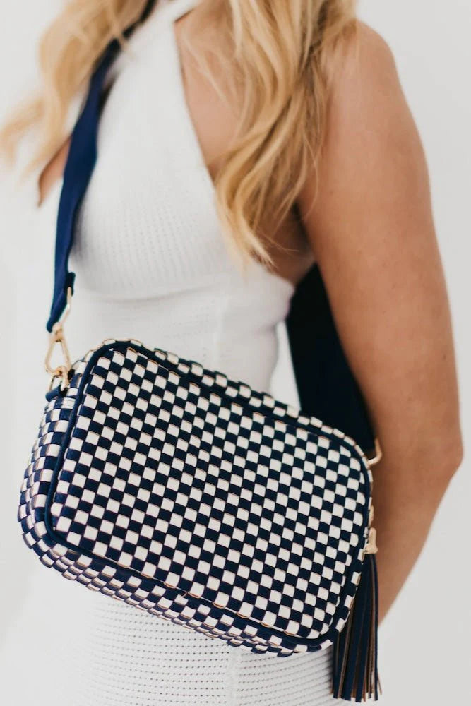 WOVEN WILLOW CAMERA CROSSBODY -CHECKERED NAVY