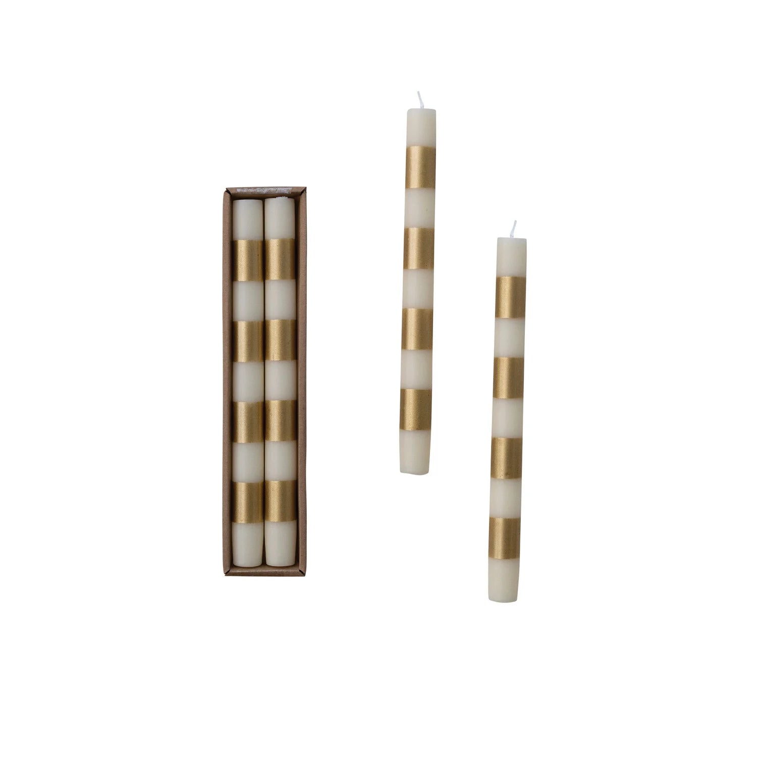 SET OF 2 UNSCENTED TAPER CANDLES W/STRIPES (cream/gold stripe)