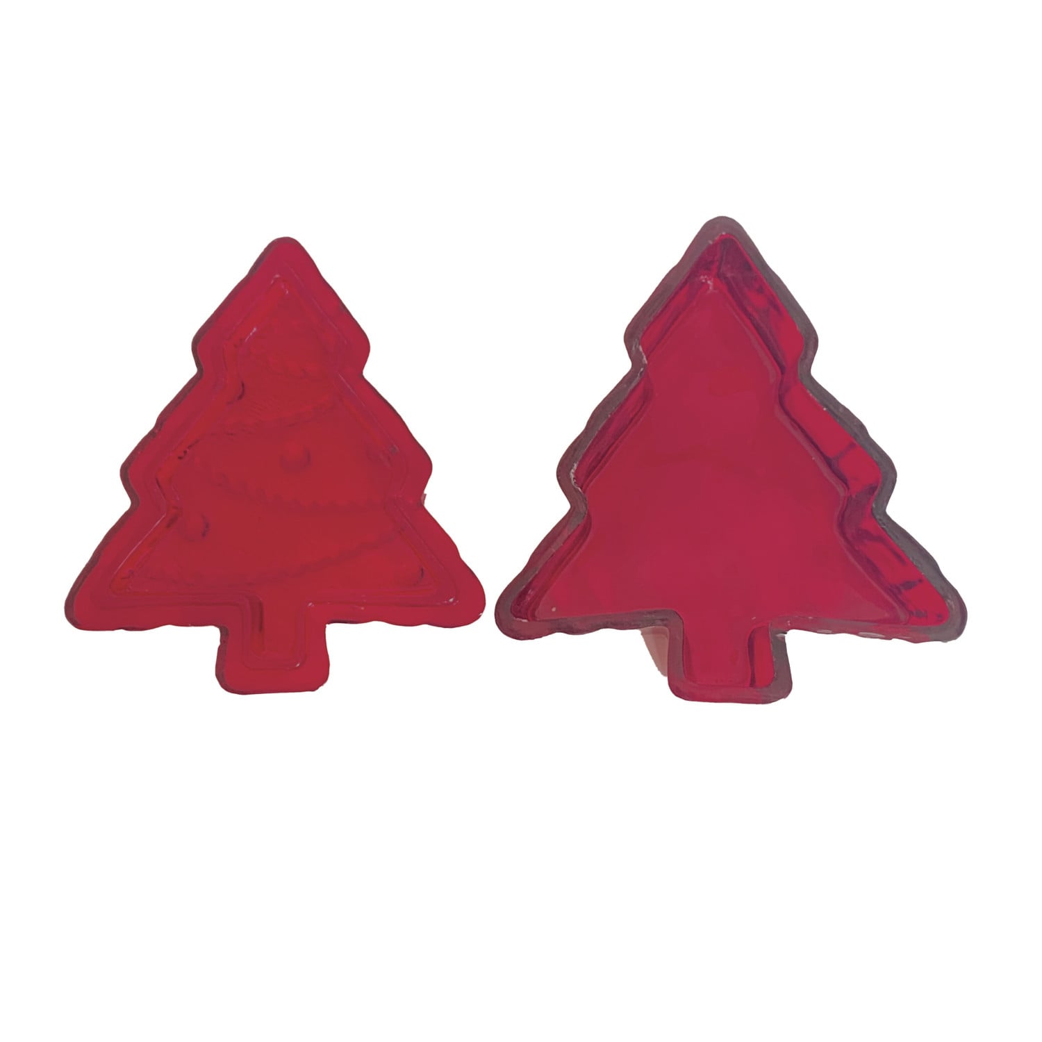 Red glass Christmas tree shaped dish shown with lid separated, front and back views