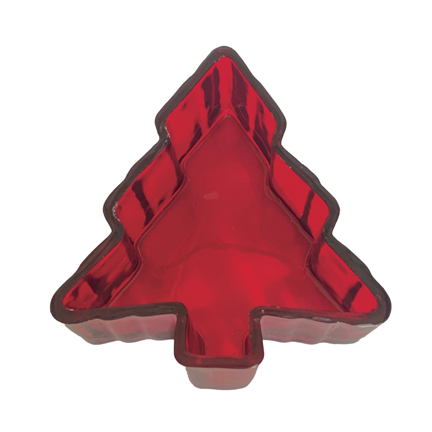 Red glass Christmas tree shaped dish viewed from above showing embossed interior detail