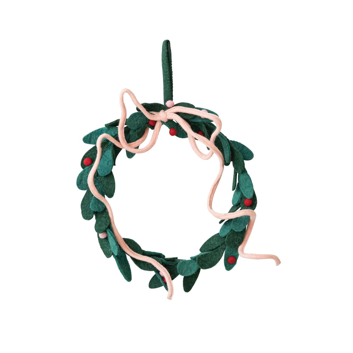 Handmade wool felt Christmas wreath with green leaves, pink bow, and red berries