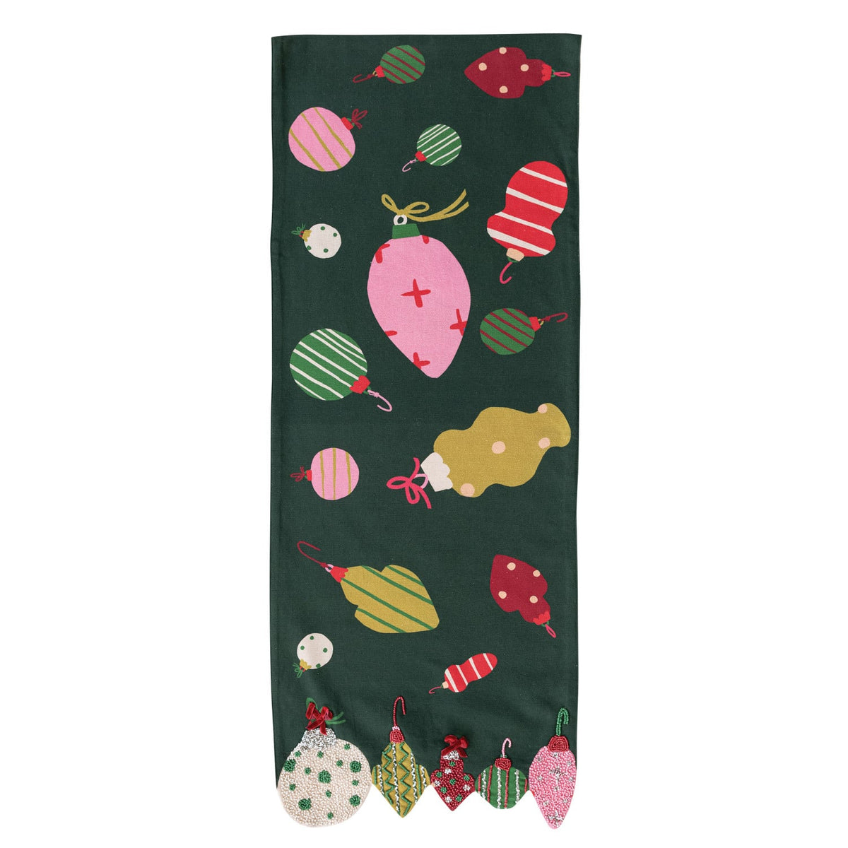 Dark green cotton table runner printed with colorful Christmas ornaments and beaded embroidered border