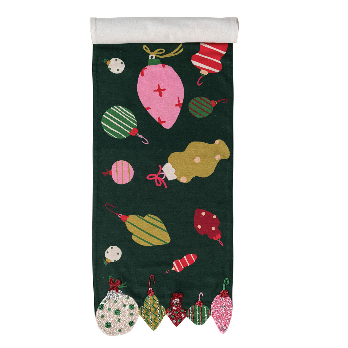 COTTON PRINTED TABLE RUNNER W/ORNAMENTS/BEADS/EMBROIDERY