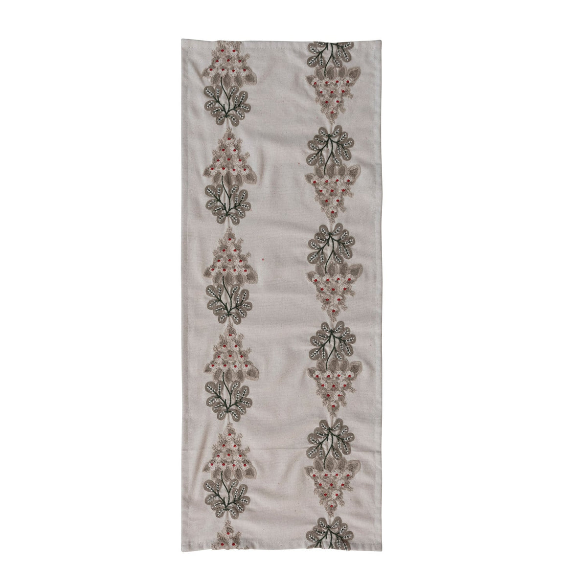 Cream cotton table runner with embroidered mistletoe floral pattern in gray and red