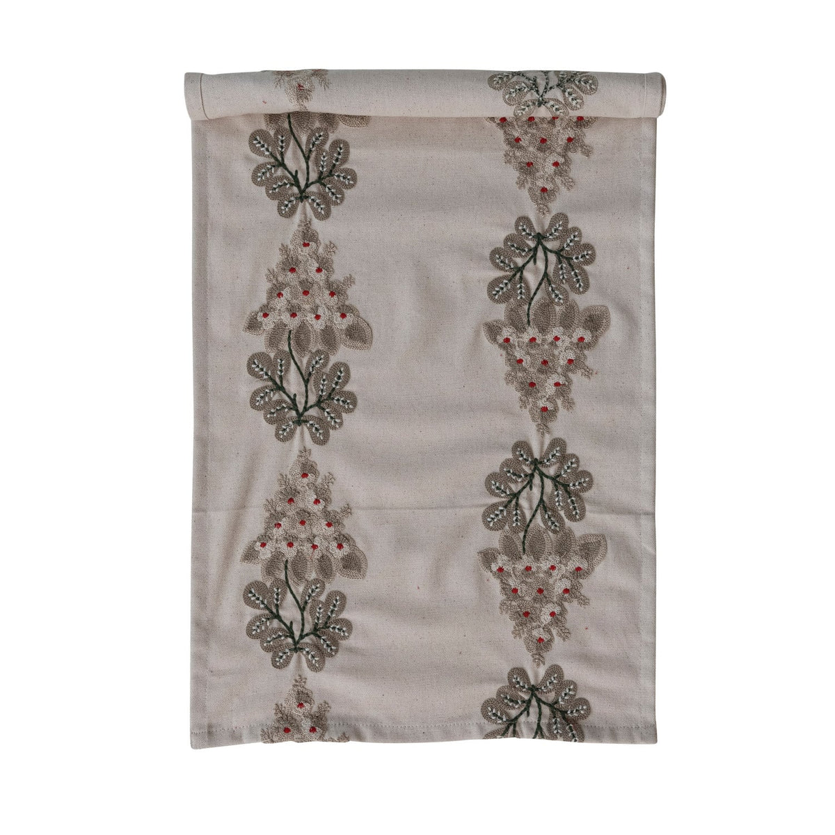 Cotton table runner in natural cream with embroidered mistletoe sprigs and red berry accents