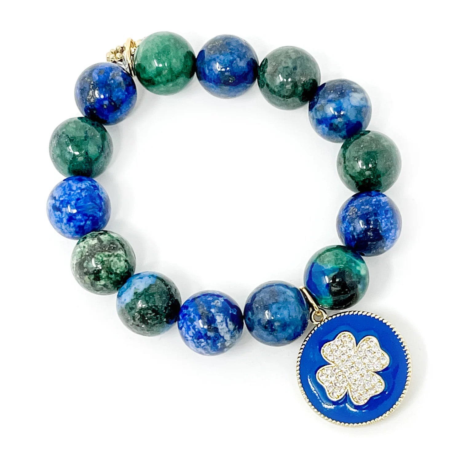 14mm Killarney Jasper Bracelet w/Navy Blue Enamel and Pave Clover
