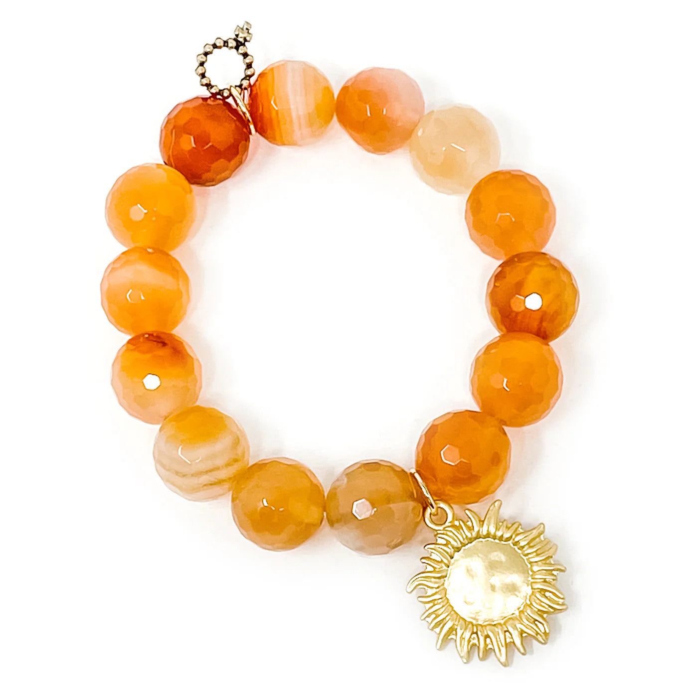 14mm Faceted Bermuda Agate Bracelet w/Matte Gold Sun